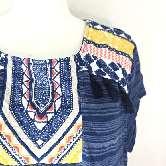 Women's Blue Burnout Aztec Embroidered Boho Tribal Bib Tunic Top - Picture 3 of 6